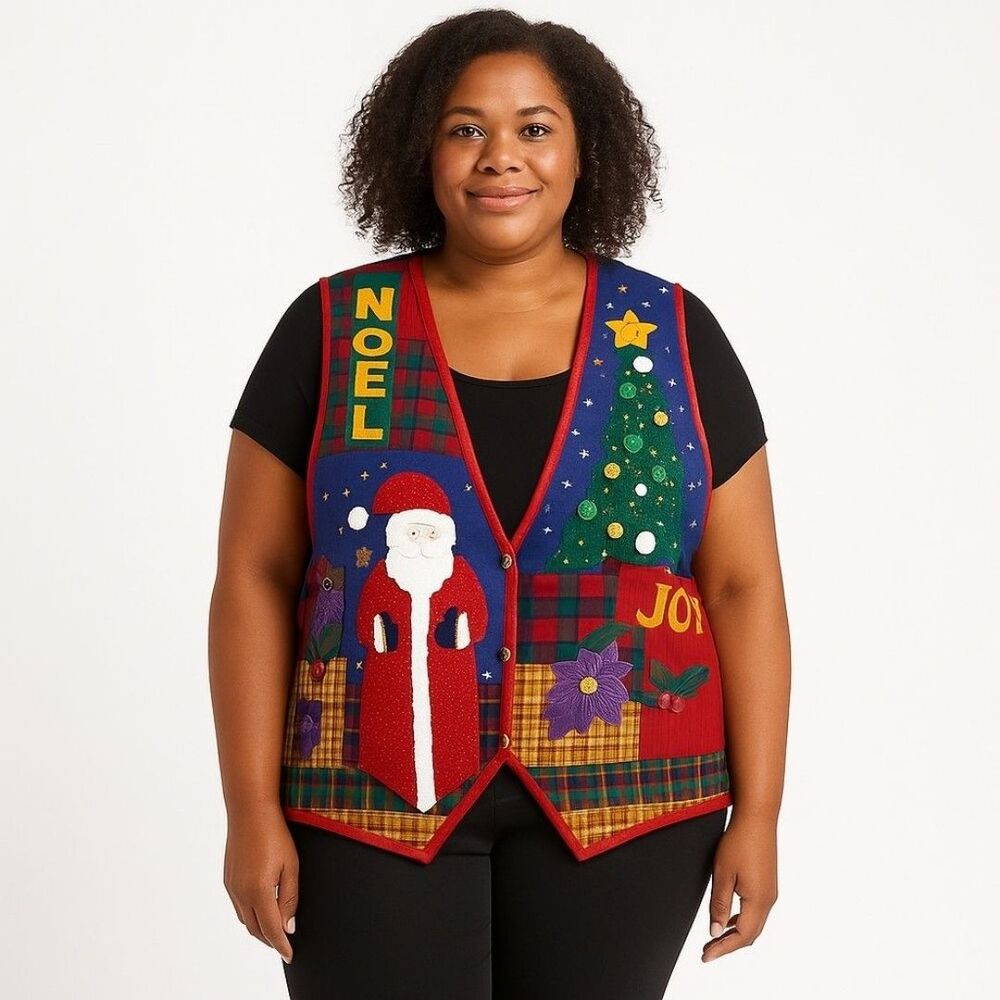 Vintage Handmade Christmas Noel & Joy Patchwork Art-to-Wear Vest Santa Tree Larg